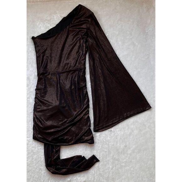 NWOT Zara Blogger’s Favorite Bronze Shiny Asymmetric Shimmer Mini Dress, Medium - Picture 15 of 16